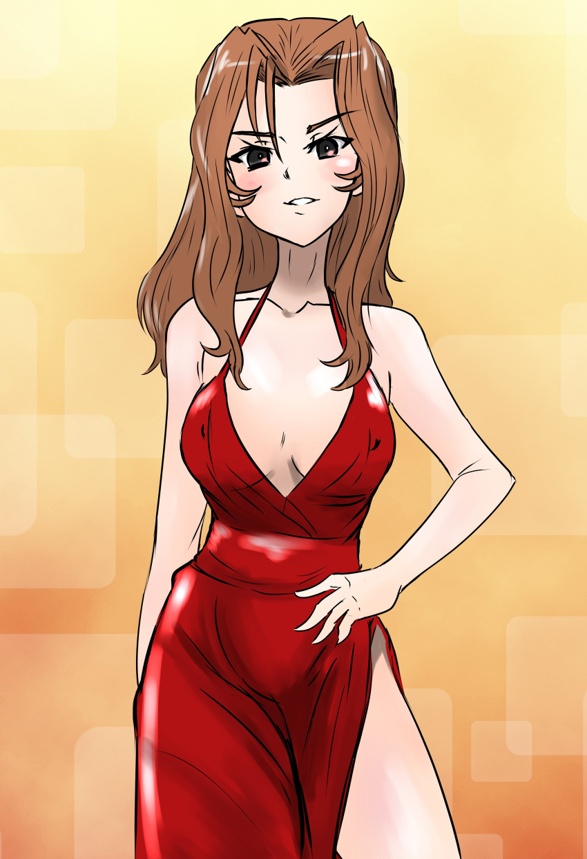 absurdres alternate_costume bare_shoulders breasts cleavage cleavage_cutout clothing_cutout collarbone covered_nipples dress female formal girls_und_panzer hand_on_own_hip highres long_hair looking_at_viewer maiko_(girls_und_panzer) moesenyukikaze no_bra orange_hair red_hair shiny_clothes side_slit smile spaghetti_strap