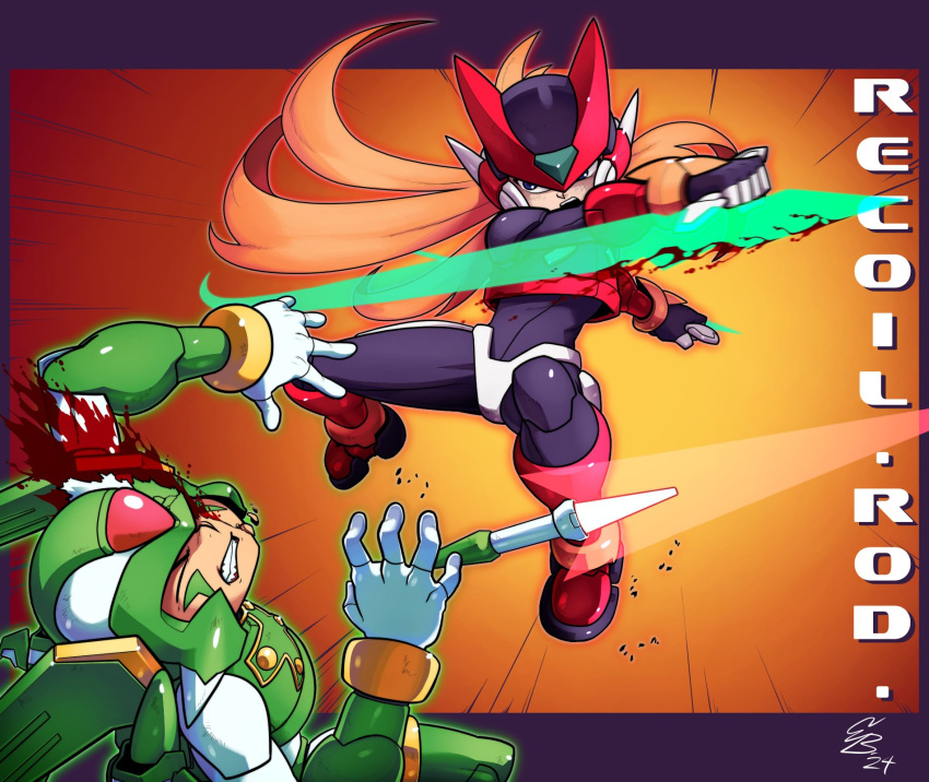 2boys armor battle battle_damage bladed_tonfa blonde_hair blood clenched_teeth closed_eyes energy_blade energy_sword ethandoesathing forehead_jewel gradient_background green_armor green_helmet helmet highres long_hair male_focus mega_man_(series) mega_man_zero_(series) mega_man_zero_3 multiple_boys orange_background red_armor red_helmet sage_harpuia_(mega_man) slashing sword teeth weapon winged_helmet zero(z)_(mega_man) zero_(mega_man)