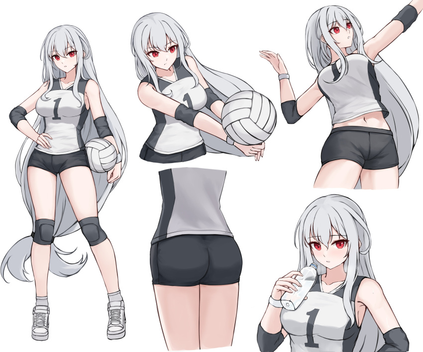 absurdres alternate_costume arknights ass black_shorts blush bottle breasts bump_(volleyball) closed_mouth commentary drinking elbow_pads female full_body gongbangmanchi_(daisy_cutter) grey_hair hair_between_eyes hand_on_own_hip highres holding holding_bottle knee_pads large_breasts long_hair looking_at_viewer midriff_peek multiple_views navel plastic_bottle playing red_eyes short_shorts shorts simple_background skadi_(arknights) socks solo spiking sportswear standing sweat volleyball volleyball_uniform water_bottle white_background white_footwear white_hair white_socks