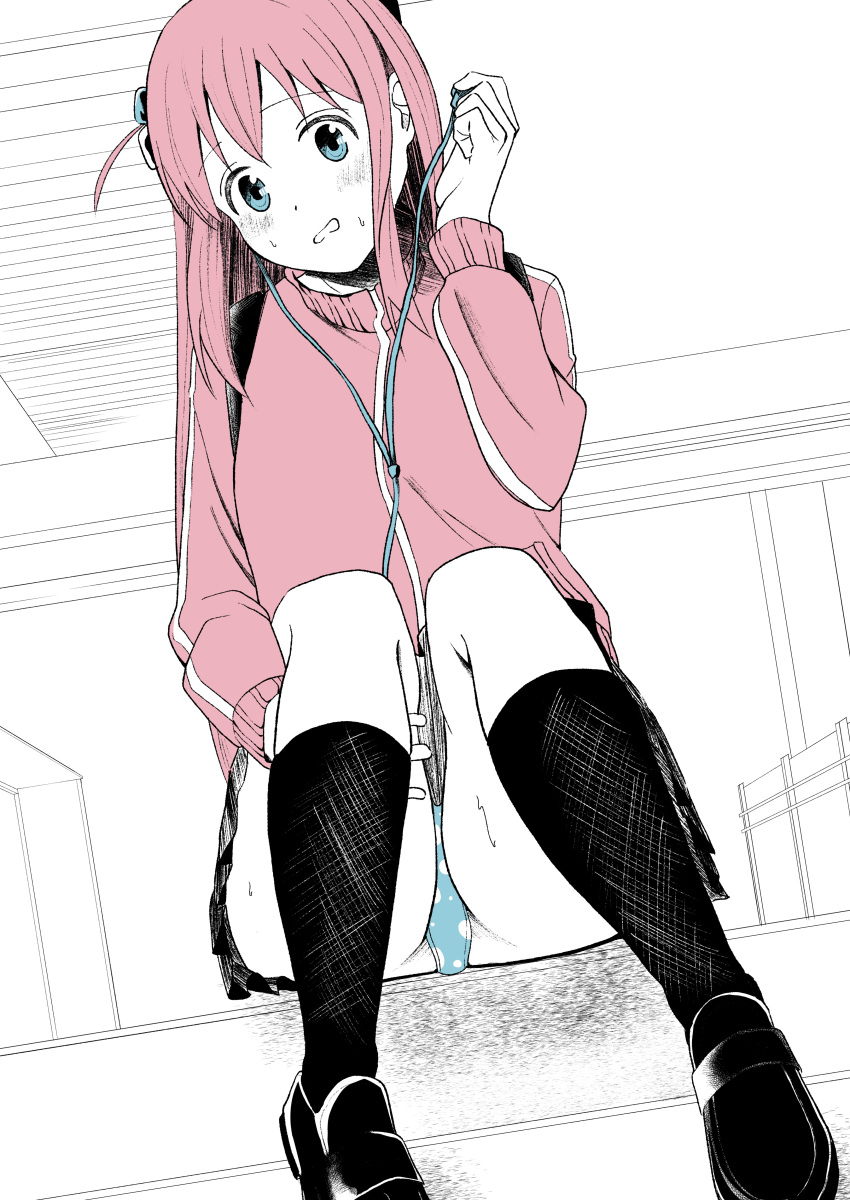 absurdres blue_eyes blue_panties bocchi_the_rock! cable_tie female gotoh_hitori highres jacket long_hair nervous_sweating panties pantyshot pink_hair pink_jacket pleated_skirt skirt solo sweat thighs underwear wtct8324