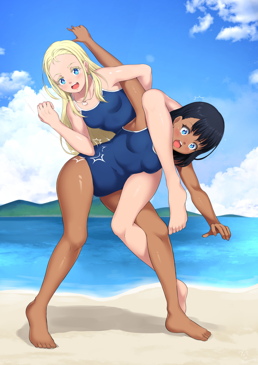 2girls absurdres barefoot beach black_hair blonde_hair blue_eyes blue_one-piece_swimsuit blue_sky catfight cloud commission competition_school_swimsuit dark-skinned_female dark_skin day full_body highres kofune_mio kofune_ushio long_hair mountainous_horizon multiple_girls ocean octopus_hold one-piece_swimsuit outdoors pixiv_commission school_swimsuit short_hair siblings sisters sky summertime_render swimsuit wrestling yomitrooper