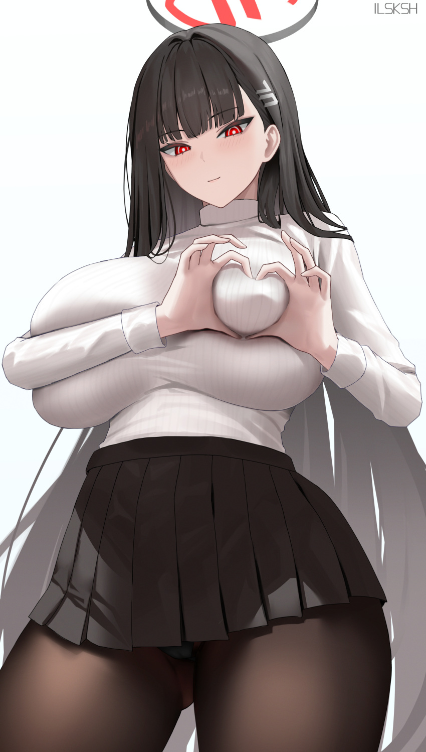 4-finger_heart_hands absurdres alternate_breast_size artist_name black_hair black_pantyhose black_skirt blue_archive breasts bright_pupils female hair_ornament hairclip halo heart heart-shaped_boob_challenge heart_hands highres huge_breasts ilsksh long_hair long_sleeves looking_at_viewer pantyhose pleated_skirt red_eyes rio_(blue_archive) simple_background skirt solo sweater turtleneck turtleneck_sweater very_long_hair white_sweater