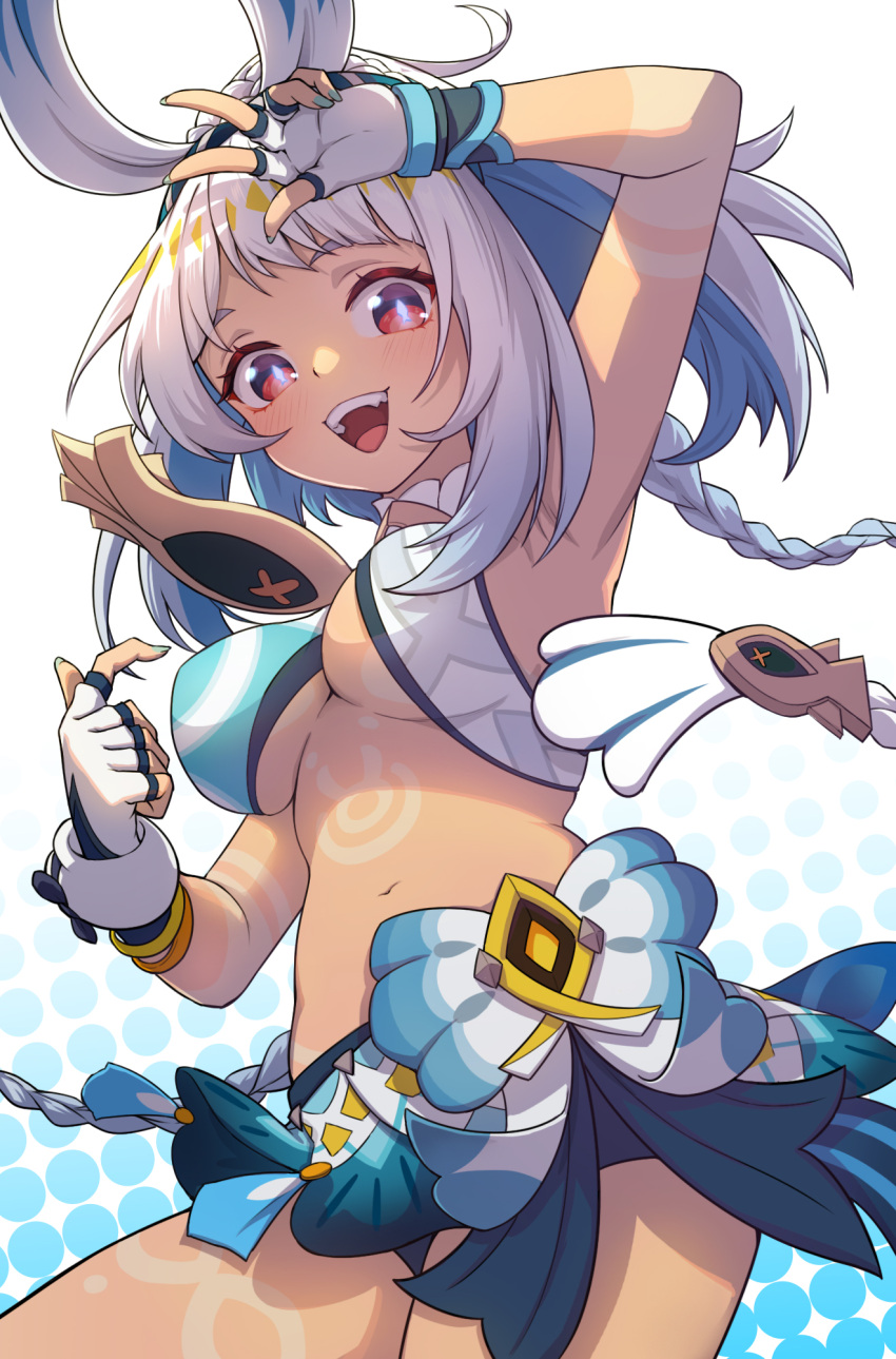 animal_ears arm_up armpits bandeau birkai blue_hair blue_nails blue_pupils blush body_markings breasts clothing_request commentary cowboy_shot dark-skinned_female dark_skin fake_animal_ears female fingerless_gloves genshin_impact gloves highres long_hair looking_at_viewer mualani_(genshin_impact) multicolored_hair nail_polish navel open_mouth red_eyes sidelocks smile solo stomach streaked_hair teeth underboob upper_teeth_only very_long_hair w white_background white_gloves