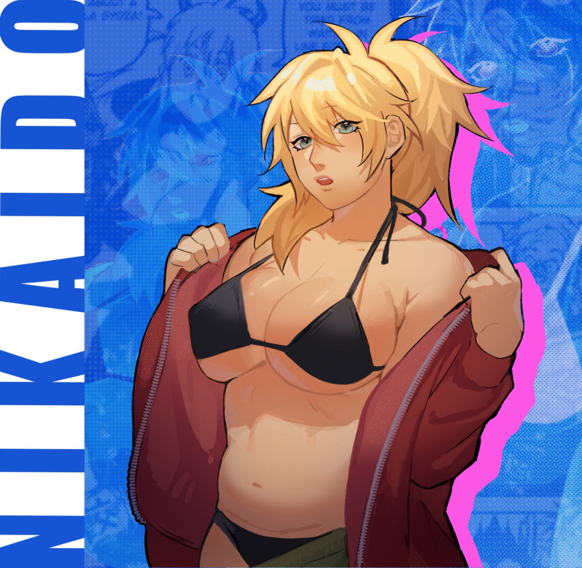 aqua_eyes bikini black_bikini blonde_hair blue_background breasts character_name collarbone commentary dorohedoro female green_shorts halterneck highres jacket ksooupart large_breasts looking_afar navel nikaidou_(dorohedoro) open_clothes open_jacket open_mouth partially_undressed ponytail red_jacket shorts solo swimsuit teeth track_jacket undressing upper_teeth_only