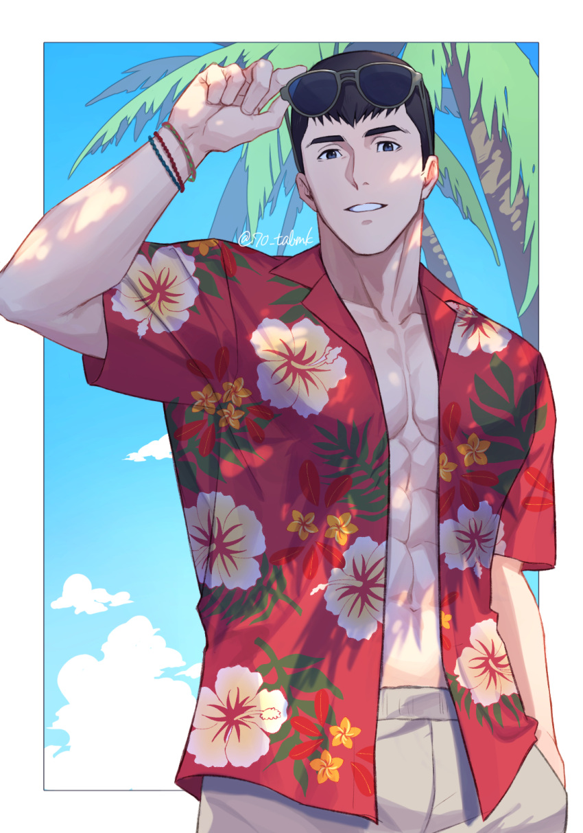 1boy 70_tabmk black_eyes black_hair blue_background border bracelet collared_shirt grey_pants hawaiian_shirt highres jewelry light_smile looking_at_viewer male_focus outside_border palm_tree pants parted_lips pectoral_cleavage pectorals ryuji_satake shirt solo teeth tree twitter_username white_border yuuki_bakuhatsu_bang_bravern