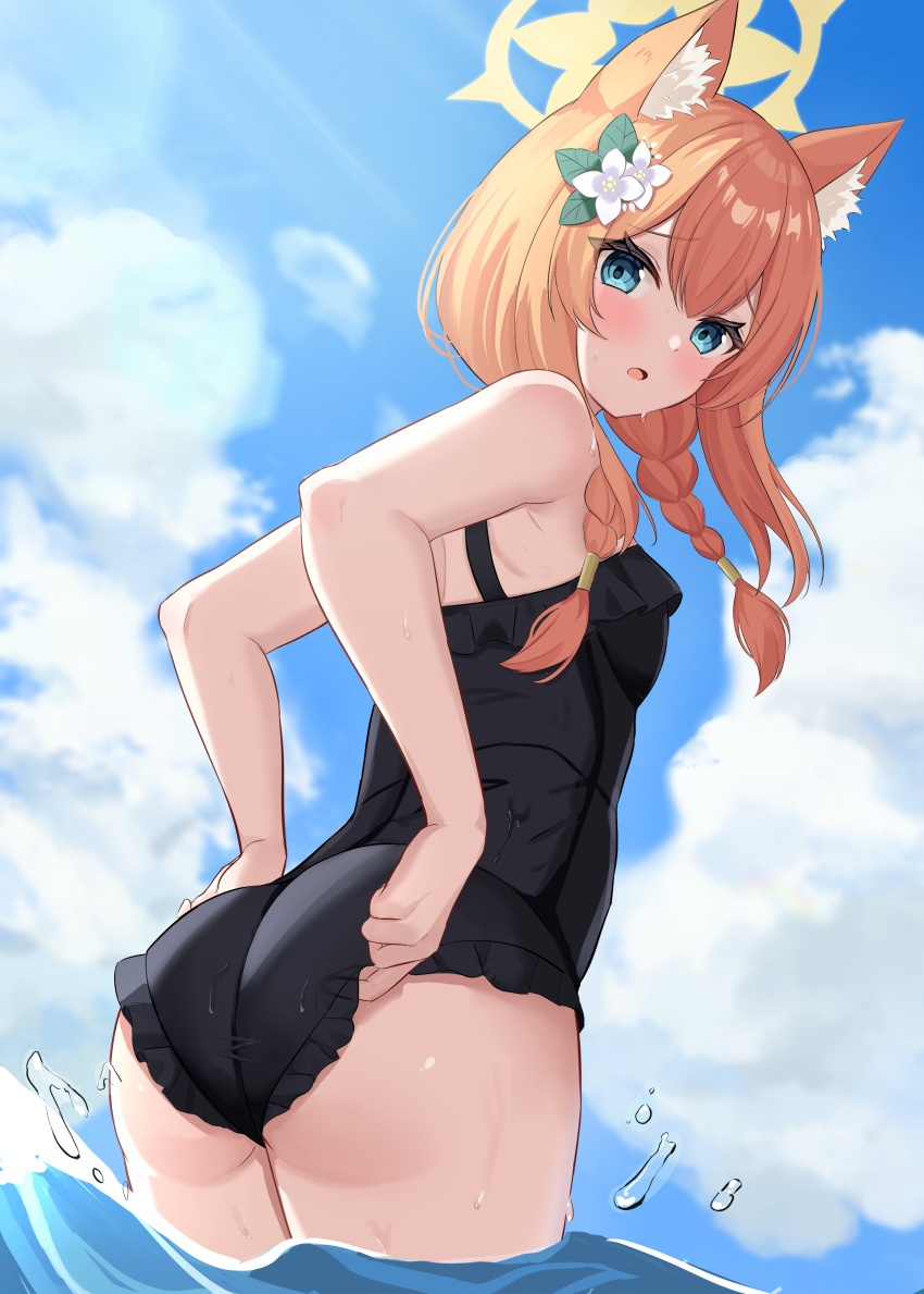 absurdres adjusting_clothes adjusting_swimsuit alternate_costume animal_ears ass blue_archive blue_eyes blue_sky blush braid cloud cloudy_sky commentary_request female halo highres long_hair looking_at_viewer looking_back mari_(blue_archive) mikeran5648 orange_hair single_braid single_hair_tube sky solo swimsuit wading yellow_halo