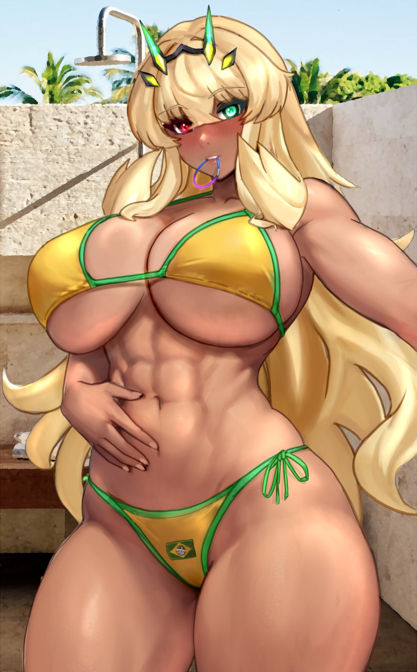 abs absurdres bare_shoulders barghest_(fate) biceps bikini blonde_hair blush breasts cleavage fate/grand_order fate_(series) female green_eyes heterochromia highres horns large_breasts long_hair looking_at_viewer muscular muscular_female navel raskasar red_eyes solo swimsuit tan thick_thighs thighs yellow_bikini