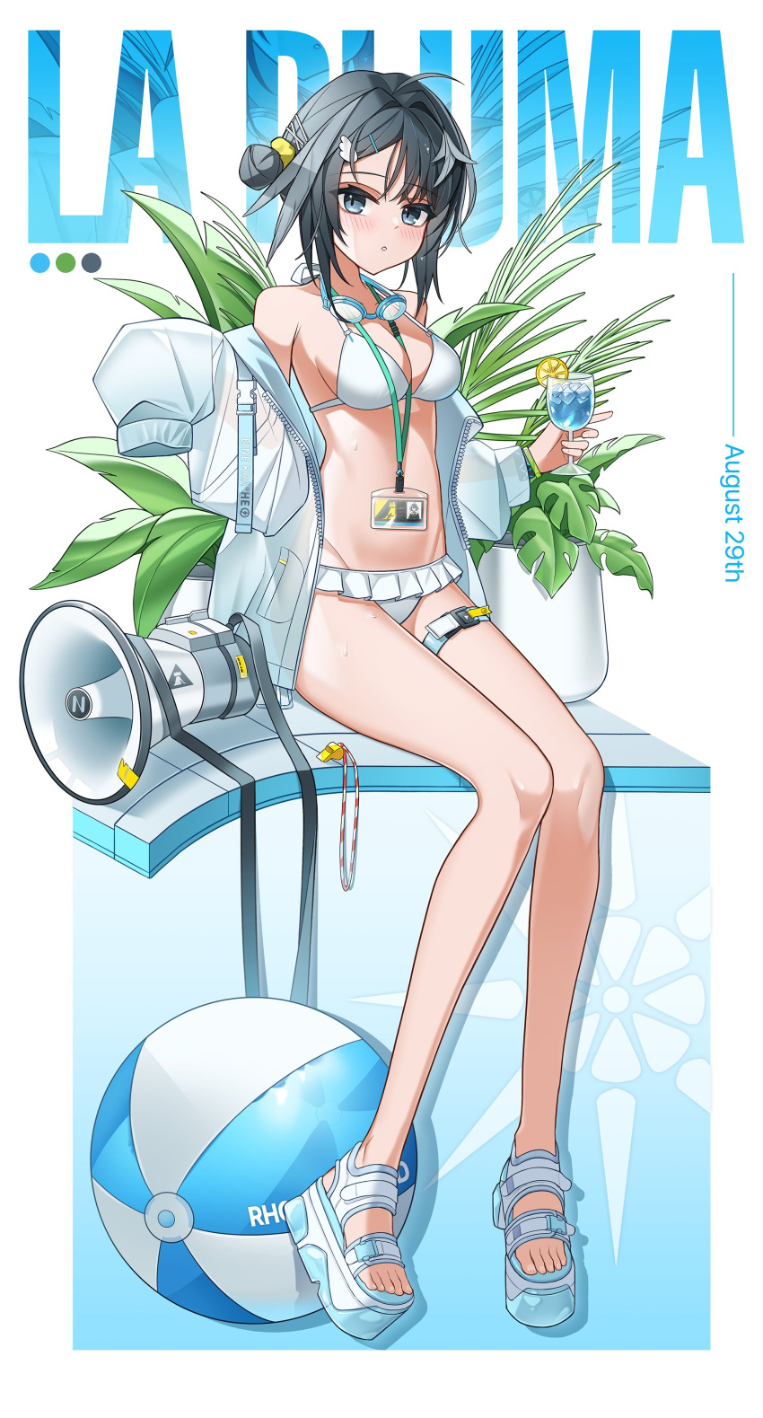 absurdres arknights ball beachball black_eyes black_hair blush cup goggles goggles_around_neck highres holding holding_cup id_card la_pluma_(arknights) la_pluma_(summer_flowers)_(arknights) megaphone one-piece_swimsuit plant potted_plant sitting swimsuit whistle white_one-piece_swimsuit yeong_r6