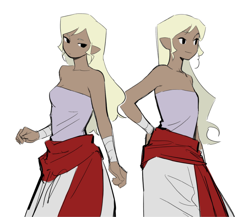 alternate_hairstyle bare_shoulders dark-skinned_female dark_skin female hair_down highres looking_to_the_side pointy_ears red_sash sash senzo6700 simple_background smile solo strapless tetra the_legend_of_zelda the_legend_of_zelda:_the_wind_waker tube_top wrist_wrap