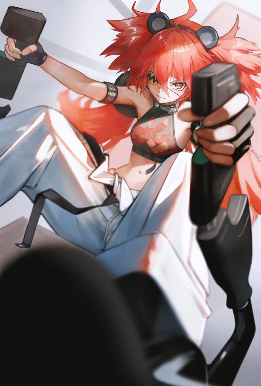 black_gloves closed_mouth crop_top eyepatch female fingerless_gloves ganet_p gloves hair_between_eyes highres koleda_belobog light_smile long_hair looking_at_viewer navel pants red_eyes red_hair serious sidelocks sitting smile solo v-shaped_eyebrows white_pants zenless_zone_zero