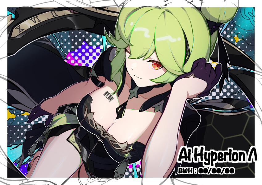 absurdres adjusting_hair ai-chan_(honkai_impact) alternate_costume armor barcode border breasts cabbage character_name cleavage dutch_angle english_text female from_above gloves green_hair hair_between_eyes hairband high_heels highres honkai_(series) honkai_impact_3rd jewelry light_smile looking_at_viewer one_eye_closed orange_eyes ring shoulder_armor sidelocks skirt solo strapless thighs white_border yikco