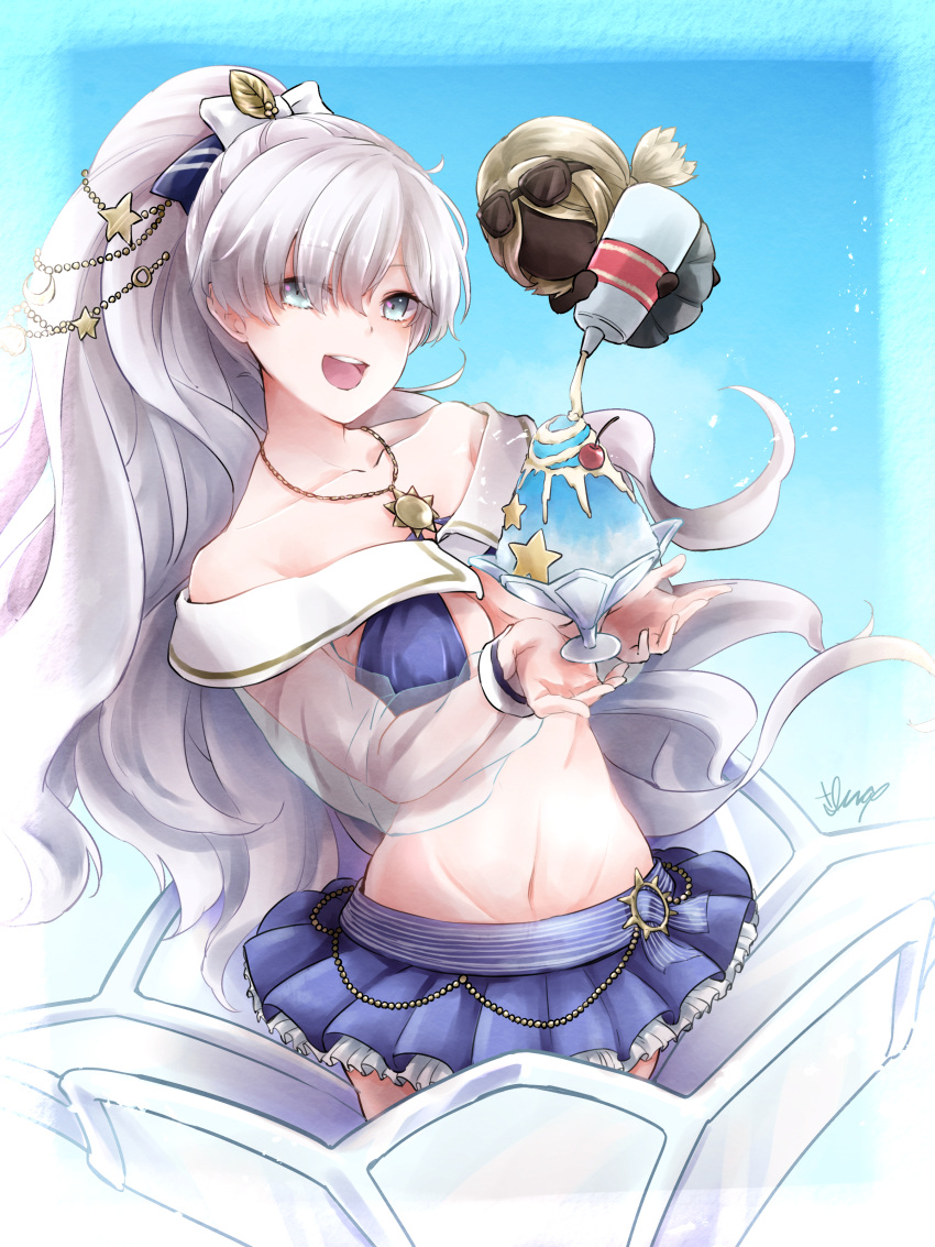 :d absurdres anastasia_(fate) anastasia_(swimsuit_archer)_(fate) anastasia_(swimsuit_archer)_(third_ascension)_(fate) bikini bikini_skirt blue_background blue_bikini blue_eyes breasts cherry commentary_request condensed_milk cowboy_shot crescent crescent_hair_ornament doll eyes_visible_through_hair fate/grand_order fate_(series) female food fruit hair_ornament hair_over_one_eye highres holding holding_food inath jewelry long_hair long_sleeves looking_at_viewer navel necklace open_mouth pleated_skirt ponytail see-through see-through_sleeves shaved_ice signature simple_background skirt smile standing star_(symbol) star_hair_ornament stomach sunglasses swimsuit teeth upper_teeth_only very_long_hair viy_(fate) white_hair