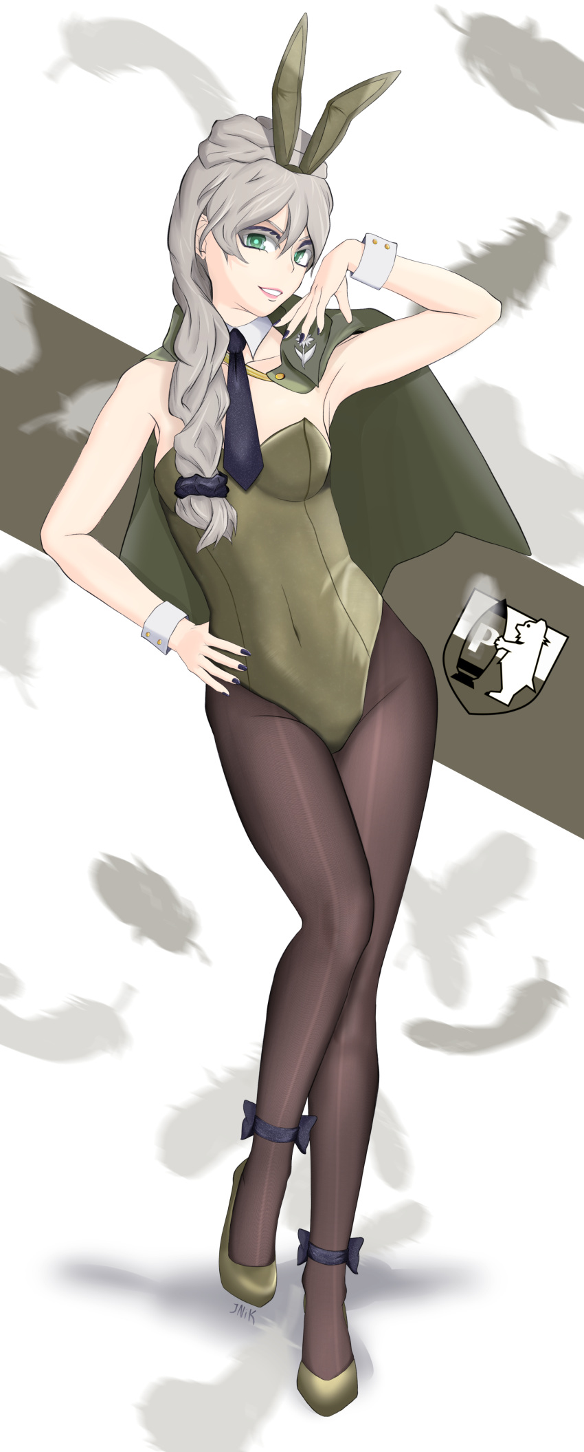 absurdres adapted_costume bare_shoulders black_necktie black_pantyhose blonde_hair bonple_(emblem) breasts cape cleavage collarbone female girls_und_panzer green_footwear grey_cape hair_bun high_heels highres jajka_(girls_und_panzer) kuba1122-01 leotard necktie original pantyhose playboy_bunny smile strapless