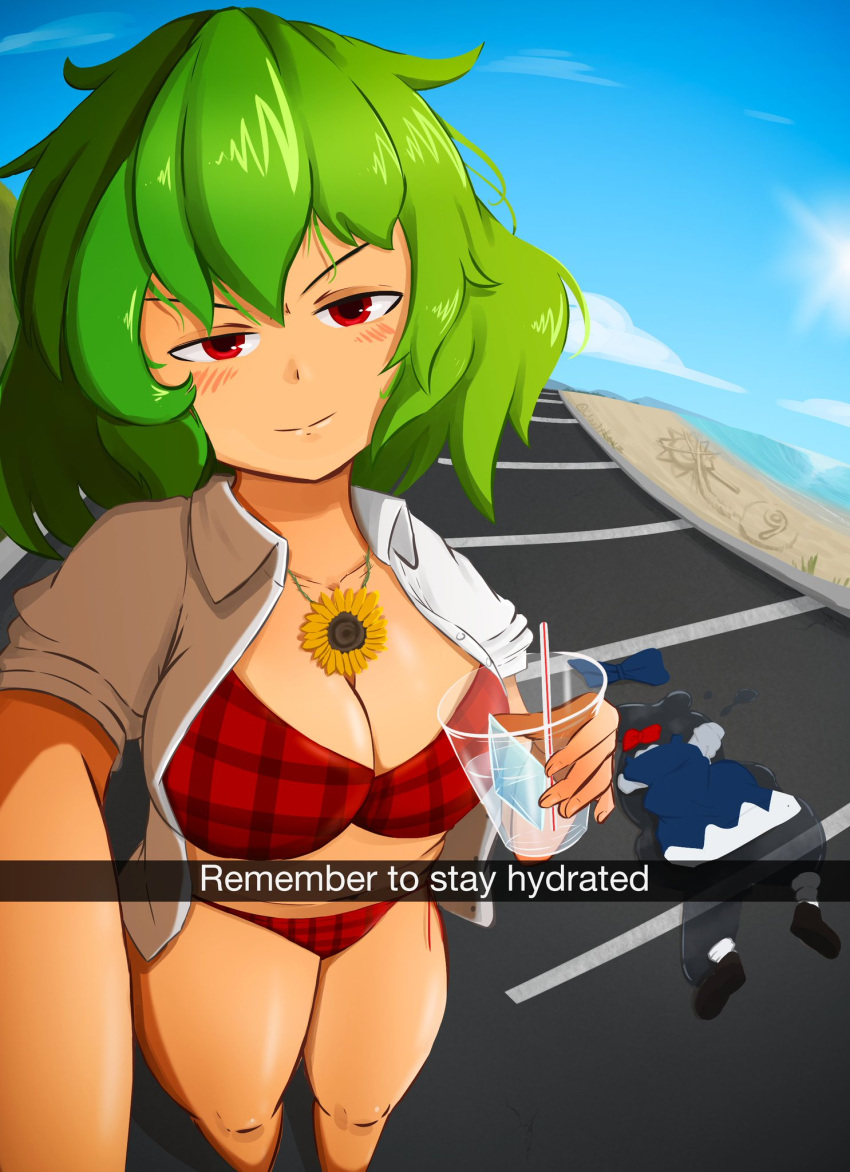 1girls big_breasts bikini blush_lines breasts cirno cleavage cloudykeyz death english_text glass_cup green_hair jacket light-skinned_female mature_female meme open_jacket red_eyes safe_for_work text thick_thighs thighs touhou yuka_kazami yuuka_kazami