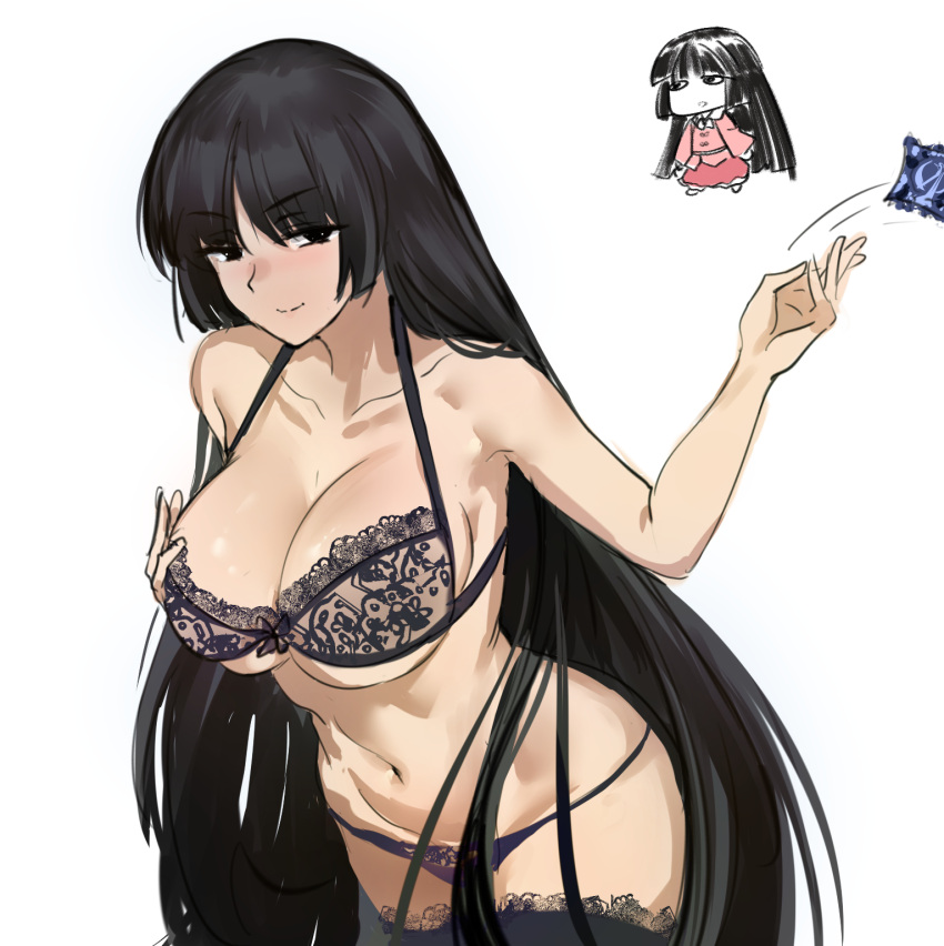 blunt_bangs breasts cleavage cowboy_shot das_(dan_dan) female highres hime_cut houraisan_kaguya large_breasts long_hair looking_at_viewer simple_background smile touhou underwear white_background