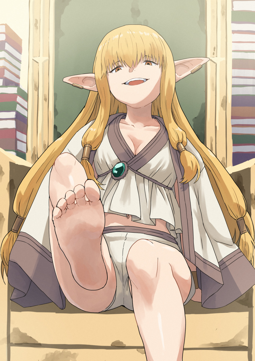 barefoot blonde_hair book breasts cleavage earclip earrings elf feet female gem green_gemstone hair_tubes highres jewelry leg_up long_hair looking_at_viewer medium_breasts open_mouth pile_of_books pointy_ears robe serie_(sousou_no_frieren) shorts sitting sitting_on_throne smile soles solo sousou_no_frieren syagare twintails white_shorts yellow_eyes