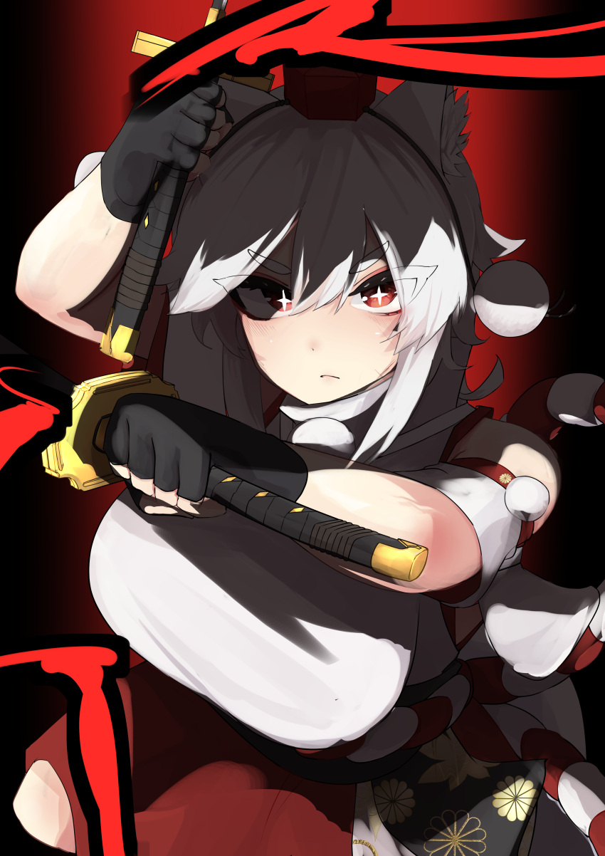 +_+ absurdres animal_ear_fluff animal_ears black_background black_gloves blush breasts closed_mouth clothing_cutout commentary_request cowboy_shot dual_wielding female fingerless_gloves gloves gradient_background hat highres holding holding_sword holding_weapon inubashiri_momiji katana kikumon large_breasts looking_at_viewer medium_bangs pom_pom_(clothes) red_background red_eyes red_hat red_skirt rope serious shaded_face shimenawa shinonome_zakuro shirt short_hair short_sleeves shoulder_cutout skirt solo sword tail tokin_hat touhou turtleneck turtleneck_shirt v-shaped_eyebrows weapon white_hair white_shirt wolf_ears wolf_girl wolf_tail