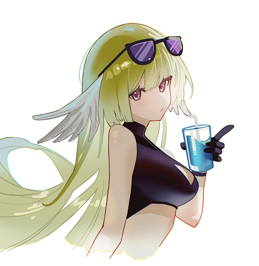 absurdres arknights bare_shoulders breasts closed_mouth commentary cup drink e-razor female gloves green_hair highres holding holding_drink long_hair looking_at_viewer pink_eyes poncirus_(arknights) poncirus_(to_rest_in_night_breezes)_(arknights) simple_background solo upper_body white_background