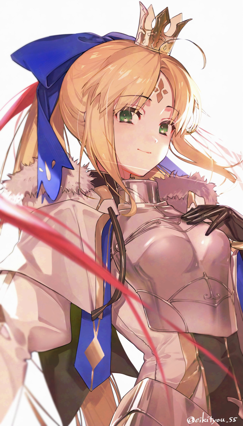 absurdres ahoge armor armored_dress artoria_caster_(fate) artoria_caster_(third_ascension)_(fate) artoria_pendragon_(fate) black_gloves blonde_hair blue_ribbon blush bracelet breastplate breasts capelet crown dress eiki_(eikityou_55) facial_mark fate/grand_order fate_(series) faulds female forehead_mark fur-trimmed_capelet fur_trim gloves green_eyes hair_ribbon highres jewelry long_hair long_sleeves looking_at_viewer ribbon small_breasts smile solo twintails white_capelet white_dress wide_sleeves