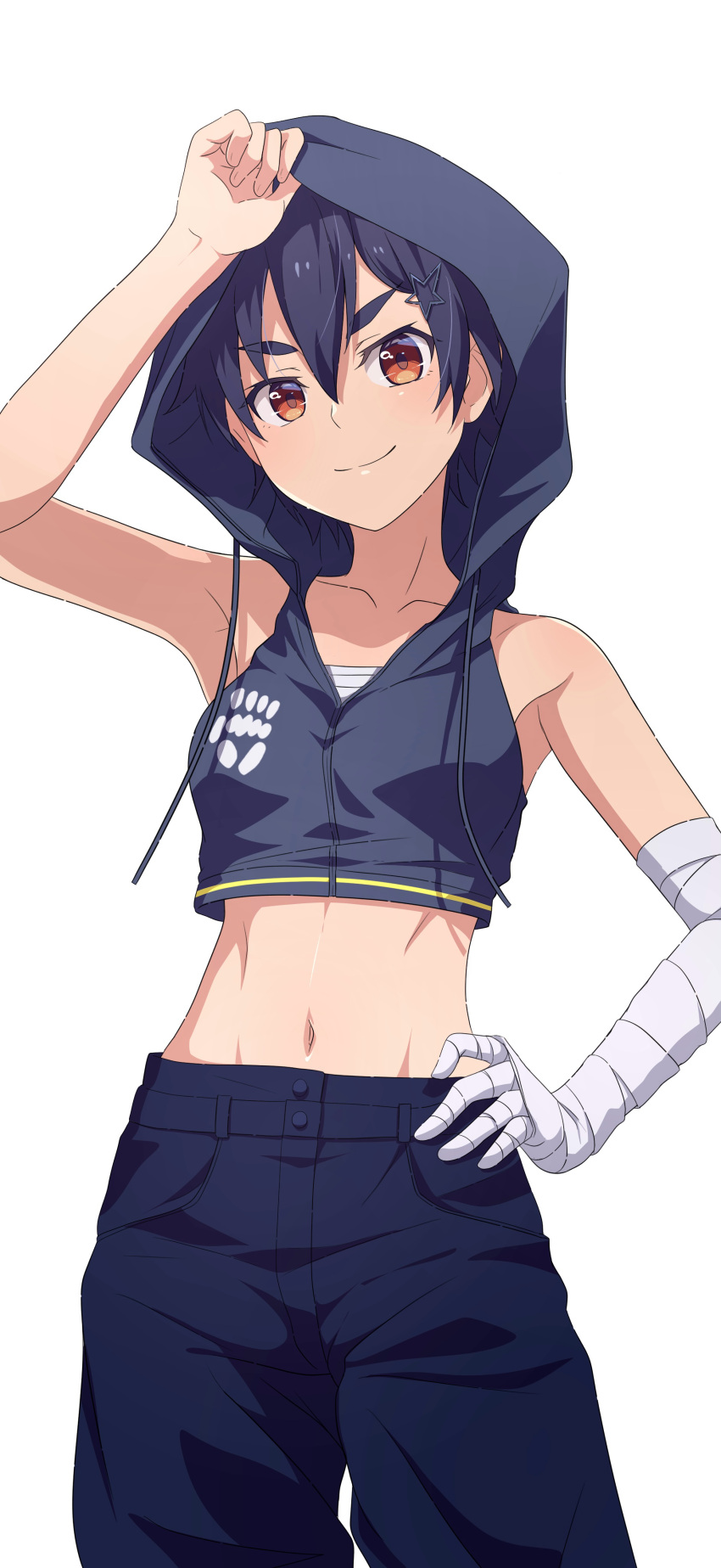 absurdres armpits bandaged_arm bandages black_hair black_jacket black_shorts breasts brown_eyes camui1104 closed_mouth collarbone crop_top cropped_jacket female hand_on_own_hip highres hood hood_up jacket kanbaru_suruga looking_at_viewer midriff monogatari_(series) navel sarashi short_hair shorts simple_background smile solo standing white_background