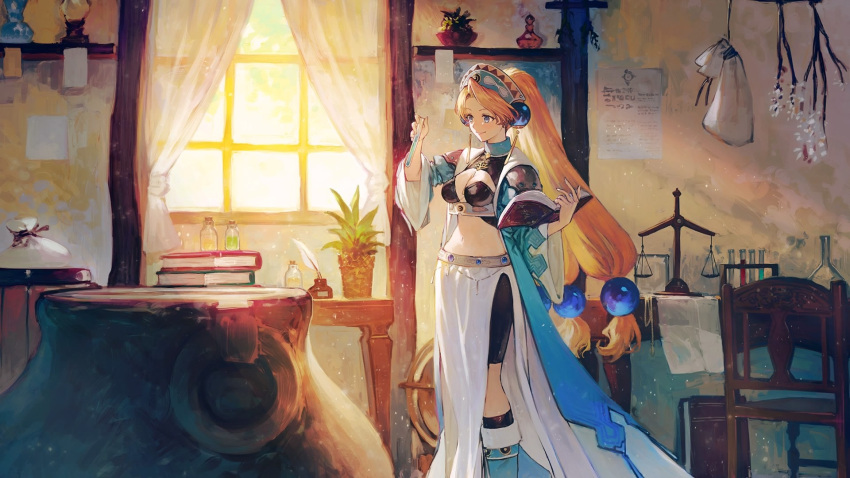 alchemy atelier_(series) atelier_marie balance_scale benitama blonde_hair blue_coat blue_eyes book bottle branch breasts cauldron chair cleavage closed_mouth coat crop_top curtains day female flask hand_up highres holding holding_book holding_flask indoors loincloth long_hair long_sleeves low-tied_long_hair marie_(atelier) medium_breasts navel official_art open_book open_clothes open_coat paper plant potted_plant sack smile solo standing table very_long_hair weighing_scale window