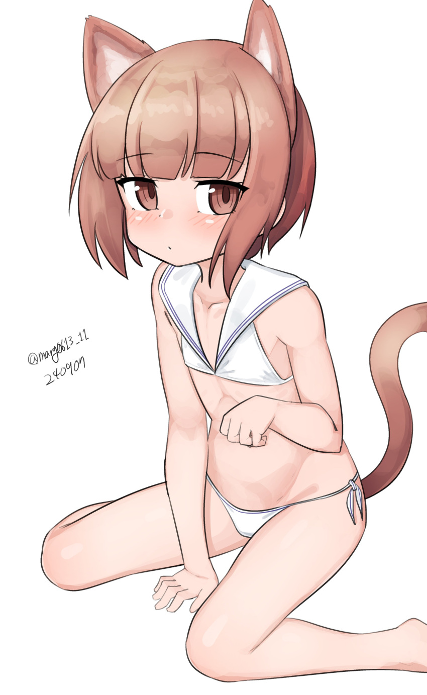 absurdres animal_ears bikini brown_eyes brown_hair cat_ears cat_tail collarbone dated female flat_chest highres kantai_collection looking_at_viewer lowleg lowleg_bikini maru_(marg0613) one-hour_drawing_challenge paw_pose sailor_bikini sailor_collar short_hair side-tie_bikini_bottom simple_background sitting solo swimsuit tail twitter_username wariza white_background white_bikini white_sailor_collar z3_max_schultz_(kancolle) z3_max_schultz_(swimsuit_mode)_(kancolle)