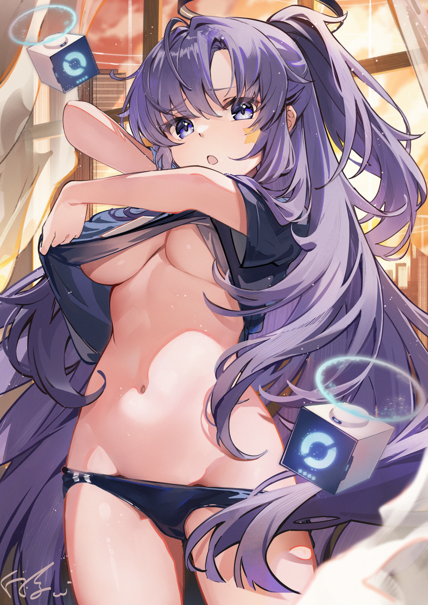 :o baisi_shaonian black_buruma black_shirt blue_archive blush breasts buruma clothes_lift cowboy_shot drone female gym_shirt gym_uniform halo highres indoors lifting_own_clothes long_hair looking_at_viewer lowleg mechanical_halo medium_breasts navel official_alternate_costume ponytail purple_eyes purple_hair shirt shirt_lift solo star_sticker sticker_on_face stomach underboob undressing very_long_hair window yuuka_(blue_archive) yuuka_(track)_(blue_archive)