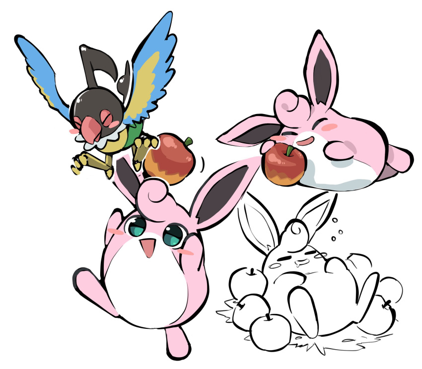 aaarkgkaaa ambiguous_gender apple cel_shading chatot chatot_(eotds) duo feral flying food fruit generation_1_pokemon generation_4_pokemon guildmaster_wigglytuff hi_res nintendo plant pokemon pokemon_(species) pokemon_mystery_dungeon shaded simple_background sleeping spike_chunsoft white_background wigglytuff