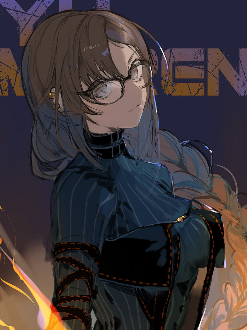 arm_strap black_dress blue_dress braid braided_ponytail breasts brown_eyes brown_hair center_opening character_name dress earrings fate/grand_order fate_(series) female flprayer glasses highres jewelry layered_dress long_hair long_sleeves medium_breasts ribbed_dress ribbon-trimmed_dress single_braid solo very_long_hair yu_mei-ren_(fate) yu_mei-ren_(first_ascension)_(fate)