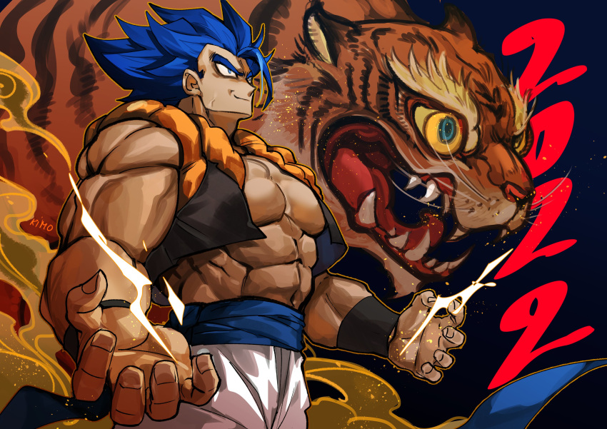 1boy 1other 2022 abs absurdres aqua_pupils artist_name blue_hair bracer cowboy_shot dragon_ball dragon_ball_super dragon_ball_super_broly floating_clothes gogeta highres kimo looking_up male_focus metamoran_vest muscular muscular_male open_hands open_mouth sharp_teeth short_hair single_bang smirk spiked_hair super_saiyan super_saiyan_blue teeth tiger yellow_eyes