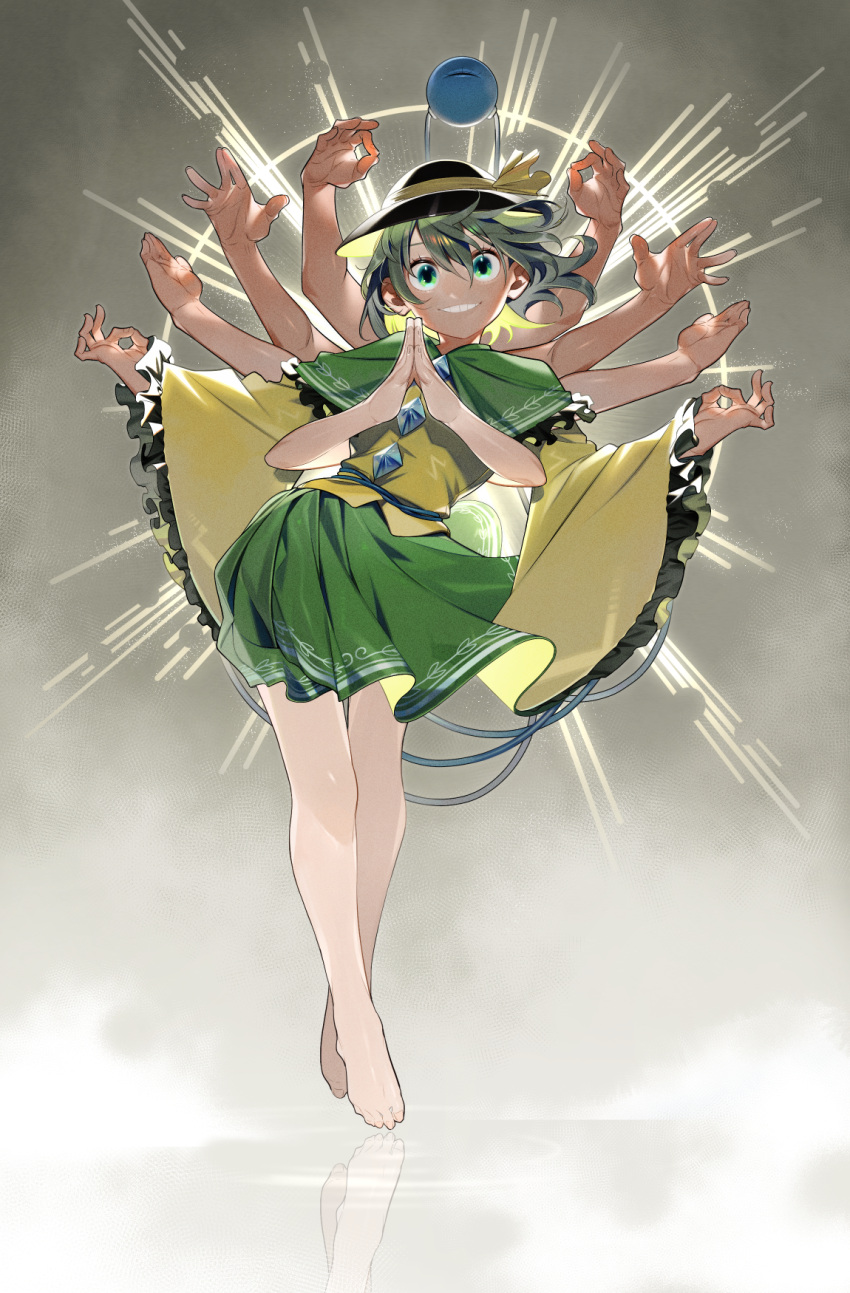 barefoot black_hat commentary_request extra_arms female floating fog frilled_sleeves frills green_eyes green_hair green_skirt grey_background grin halo hands_up hat hat_ribbon highres komeiji_koishi leaning_to_the_side long_sleeves looking_at_viewer mudra own_hands_together reflection ribbon shirt short_hair skirt smile sofa_(enogunomu) solo third_eye touhou vitarka_mudra water wide_sleeves yellow_ribbon yellow_shirt