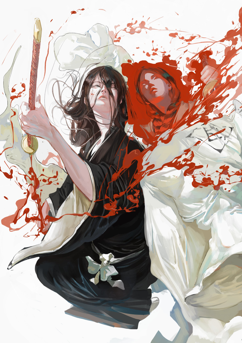 absurdres bankai black_hair black_kimono bleach bleach:_sennen_kessen-hen blood blood_splatter braid commentary commission female fighting_stance full_body grey_eyes hair_between_eyes hair_spread_out hand_up haori highres holding holding_sword holding_weapon japanese_clothes kanji_(nievart) katana kimono lips long_hair long_sleeves looking_to_the_side minazuki_(bankai) nose parted_lips reflection simple_background solo standing sword taichou_haori unohana_retsu unworn_haori weapon white_background wide_sleeves