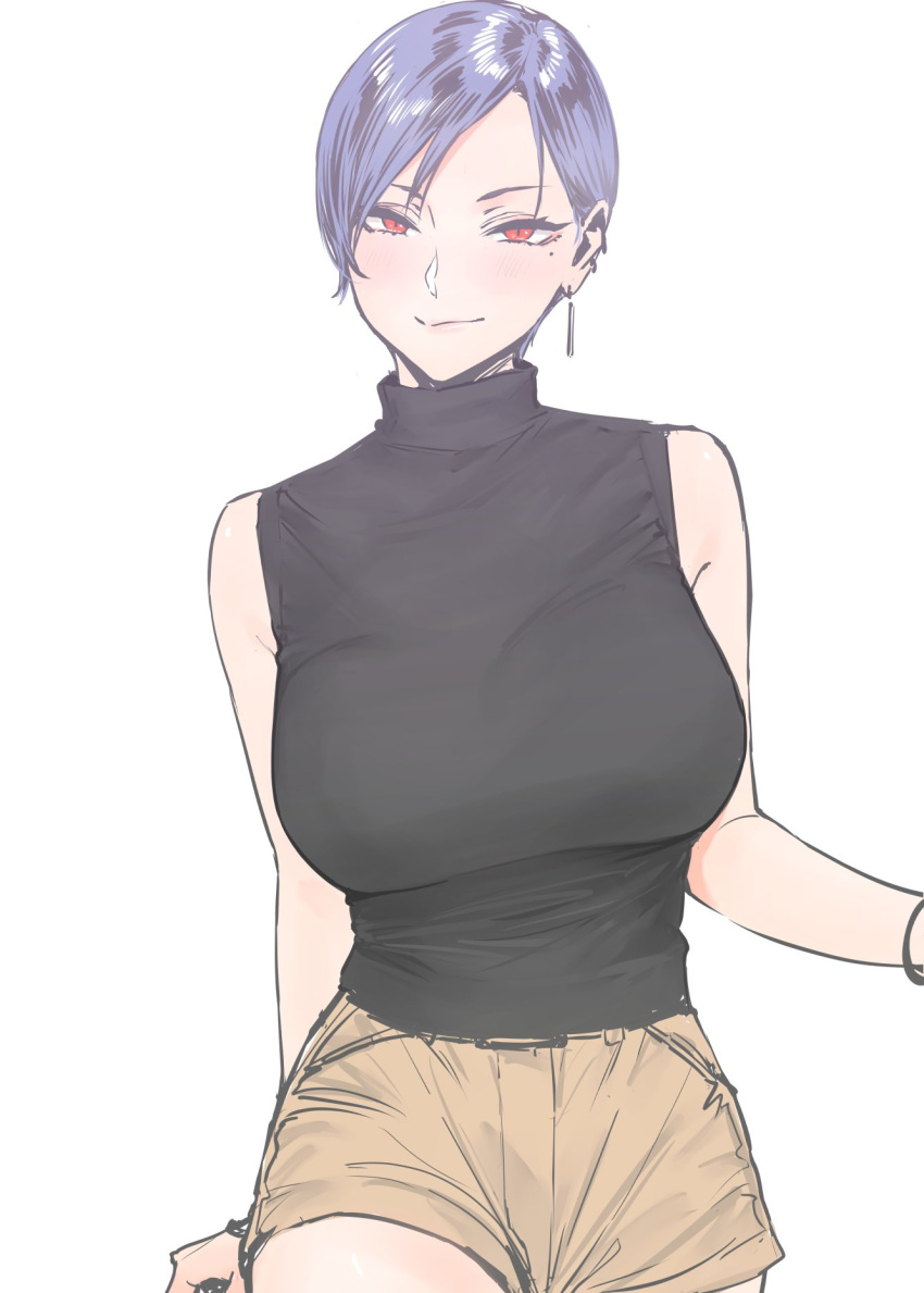 bare_shoulders black_shirt blue_hair blush breasts closed_mouth commentary_request earrings female goshiki_suzu highres jewelry large_breasts looking_at_viewer mole mole_under_eye orange_shorts original red_eyes shirt short_hair shorts simple_background single_earring sleeveless sleeveless_shirt sleeveless_turtleneck solo turtleneck white_background