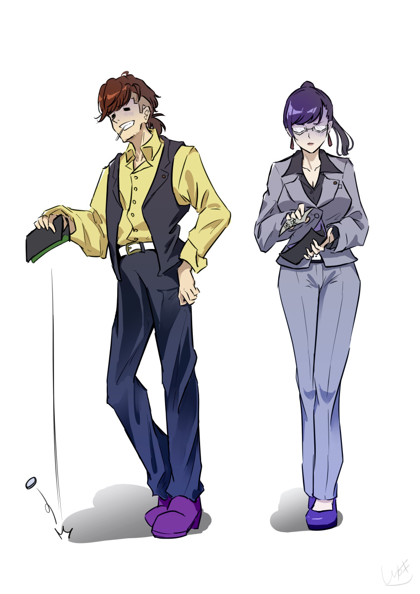 1boy =_= absurdres black_pants black_vest breasts brown_hair cleavage earrings female glasses gloom_(expression) grey_jacket grey_pants highres holding holding_wallet horse_girl jacket jewelry long_hair naegi_happy pants purple_footwear purple_hair semi-rimless_eyewear shirt short_ponytail signature simple_background team_spica's_trainer toujou_hana trainer_(umamusume) umamusume undercut vest wallet white-framed_eyewear white_background yellow_shirt