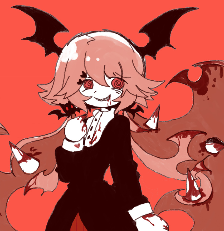 bat_wings black_dress blood blood_in_hair blood_on_clothes blood_on_face cranber_(funamusea) demon_girl dress female funamusea haiiro_teien highres long_hair pink_hair red_eyes reima-c sharp_teeth solo teeth very_long_hair wings