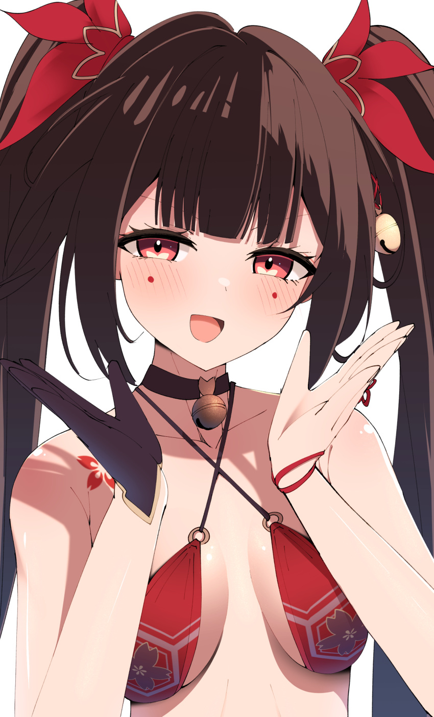 :d absurdres bare_shoulders bell black_choker black_gloves blunt_bangs blush bra breasts brown_hair butterfly-shaped_pupils cherry_blossom_print choker collarbone commentary criss-cross_halter eyelashes female floral_print flower_tattoo gloves hair_bell hair_ornament hair_ribbon halterneck hands_up happy highres honkai:_star_rail honkai_(series) jingle_bell long_hair looking_at_viewer mark_under_both_eyes medium_breasts neck_bell o-ring o-ring_top open_mouth red_bra red_eyes red_ribbon ribbon sidelocks simple_background single_glove smile solo sparkle_(honkai:_star_rail) straight_hair symbol-shaped_pupils tattoo tetori_(tetolisto) tsurime twintails underwear upper_body v-shaped_eyebrows very_long_hair white_background