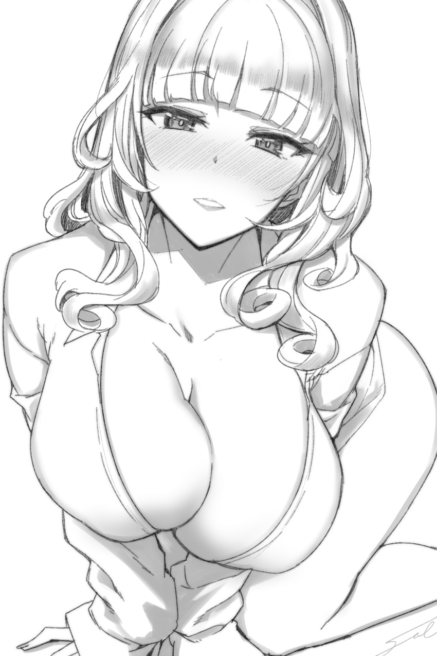 all_fours blunt_bangs blush breasts carmilla_(fate) cleavage collarbone fate/grand_order fate_(series) female fue_(rhomphair) greyscale highres large_breasts long_hair long_sleeves looking_at_viewer monochrome parted_lips shirt solo thighs