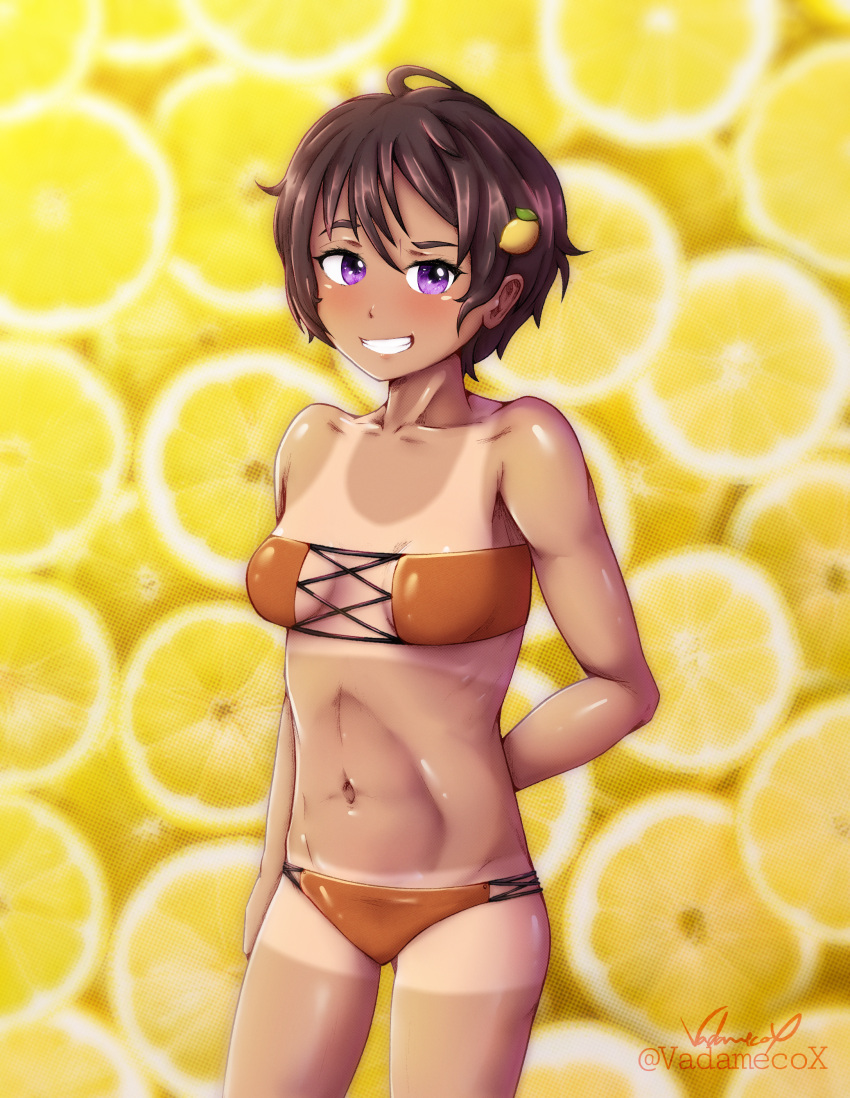 absurdres arm_behind_back bikini black_hair dark-skinned_female dark_skin female food food-themed_hair_ornament fruit fruit_background grin hair_ornament highres lemon lemon_hair_ornament lemon_slice looking_at_viewer make_heroine_ga_oo_sugiru! orange_bikini purple_eyes short_hair smile solo strapless strapless_bikini swimsuit tan tanlines vadamecox yakishio_lemon yellow_background