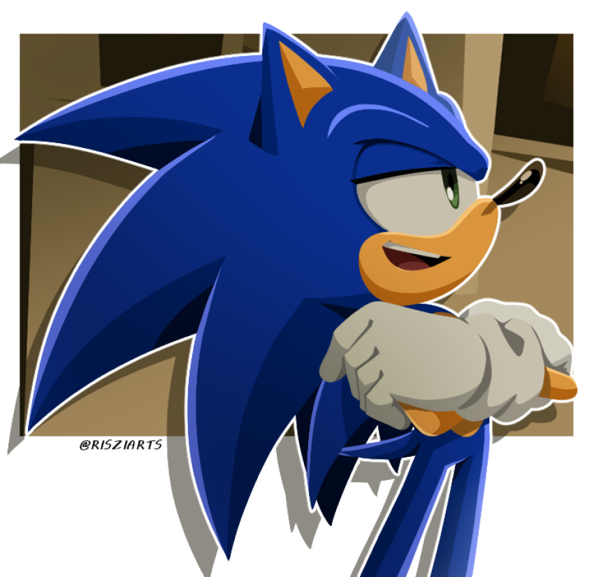 2022 anthro black_nose blue_body blue_fur border clothing digital_drawing_(artwork) digital_media_(artwork) digital_painting_(artwork) disney eulipotyphlan fur gloves green_eyes handwear hedgehog hi_res male mammal on_model open_mouth open_smile outline parody redraw risziarts sega signature smile solo sonic_the_hedgehog sonic_the_hedgehog_(series) standing white_border white_clothing white_gloves white_handwear white_outline wreck-it_ralph