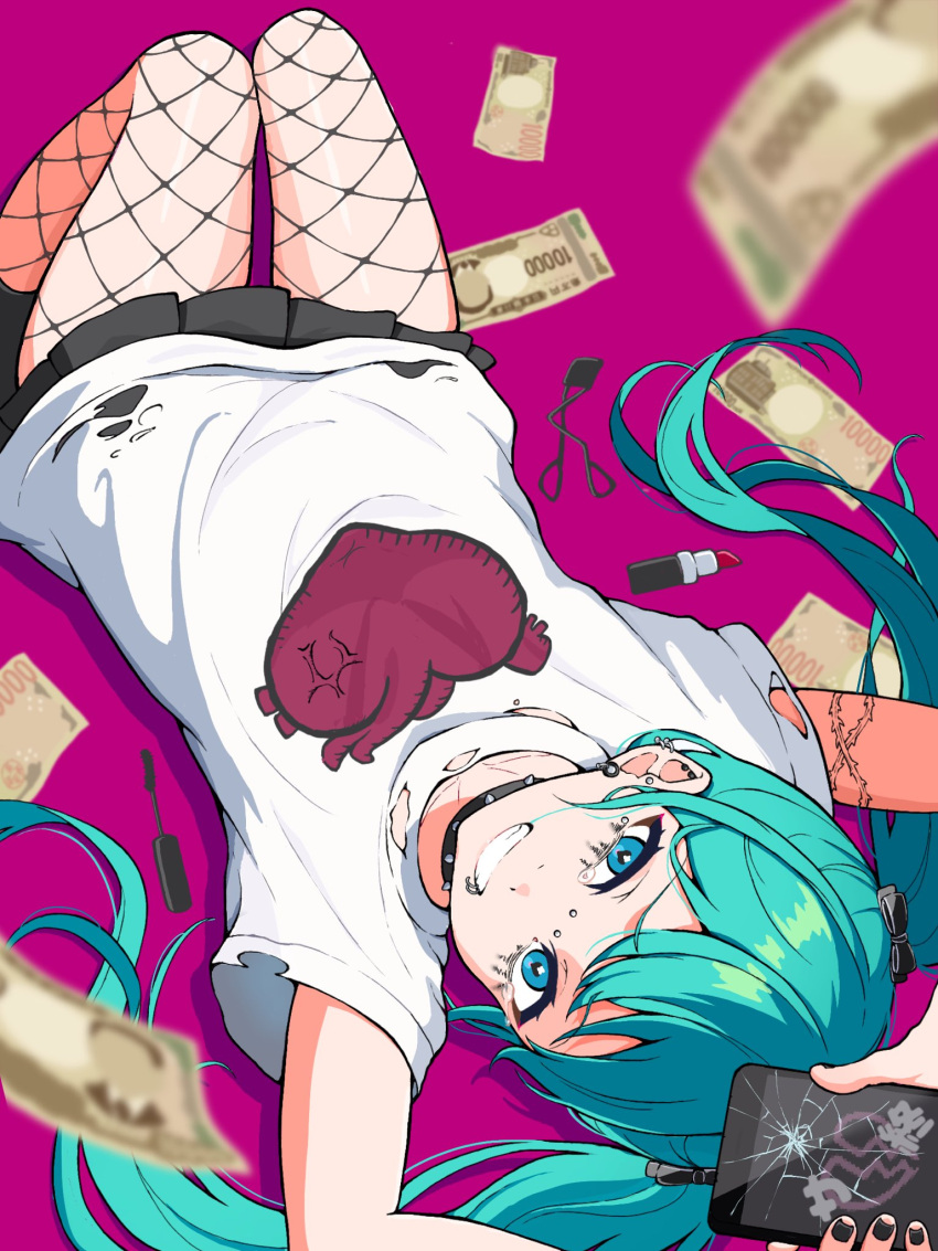 alternate_costume aqua_eyes aqua_hair black_nails black_skirt broken_phone cellphone female fishnet_pantyhose fishnets hatsune_miku highres holding holding_phone lipstick lying makeup miniskirt money pantyhose phone sad_girl_sex_(vocaloid) shirt skirt smartphone t-shirt tattoo tears uzuki_sena vocaloid white_shirt