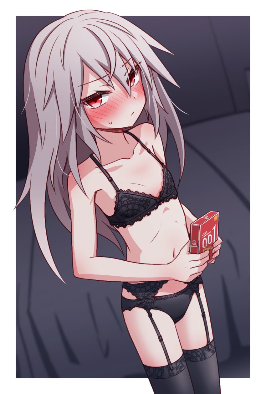 bare_arms bare_shoulders black_bra black_panties black_thighhighs blush bra closed_mouth collarbone commentary_request condom_box cowboy_shot elena_trafalgar female flat_chest garter_belt grey_hair hair_between_eyes highres holding ikune_juugo lace lace_bra lingerie long_hair looking_at_viewer navel okamoto_condoms original panties red_eyes solo sweatdrop thighhighs underwear underwear_only