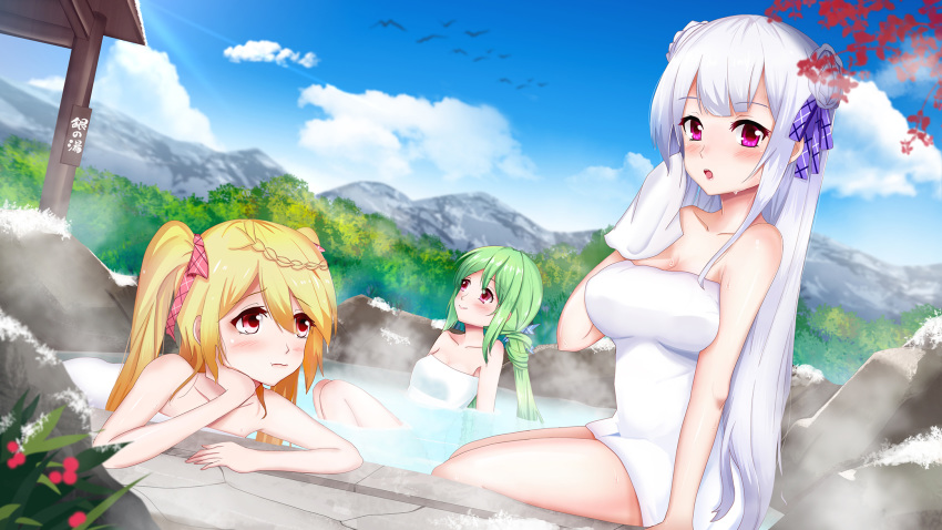 3girls :t arm_support azur_lane blonde_hair blue_sky blurry blurry_background blush braid breasts chinese_commentary cleavage closed_mouth cloud collarbone comet_(azur_lane) commentary_request crescent_(azur_lane) cygnet_(azur_lane) day depth_of_field dutch_angle green_hair hair_between_eyes highres large_breasts lenxiao mountain multiple_girls naked_towel onsen outdoors parted_lips partially_submerged photoshop_(medium) ponytail pout purple_eyes red_eyes same-sex_bathing shared_bathing sitting sky small_breasts smile soaking_feet steam towel twintails water white_hair