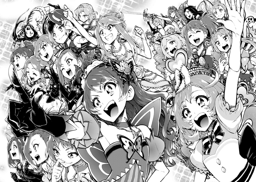 6+girls ageha_mia amamiya_rizumu ayase_naru chae_kyoung commentary_request crown dress enouchi_ai fukuhara_ann gloves greyscale hair_ornament harune_aira hat highres hye_in_(pretty_rhythm) jae_eun_(pretty_rhythm) jounouchi_serena kurisu_kaname long_hair miyama_reina monochrome morizono_wakana multiple_girls ooruri_ayami open_mouth pretty_rhythm pretty_rhythm_aurora_dream pretty_rhythm_dear_my_future pretty_rhythm_rainbow_live pretty_series renjouji_beru shi_yoon shijimi_karin short_hair side_ponytail skirt smile so_min_(pretty_rhythm) suzuno_ito takamine_mion takanashi_otoha tiara toudou_kanon twintails