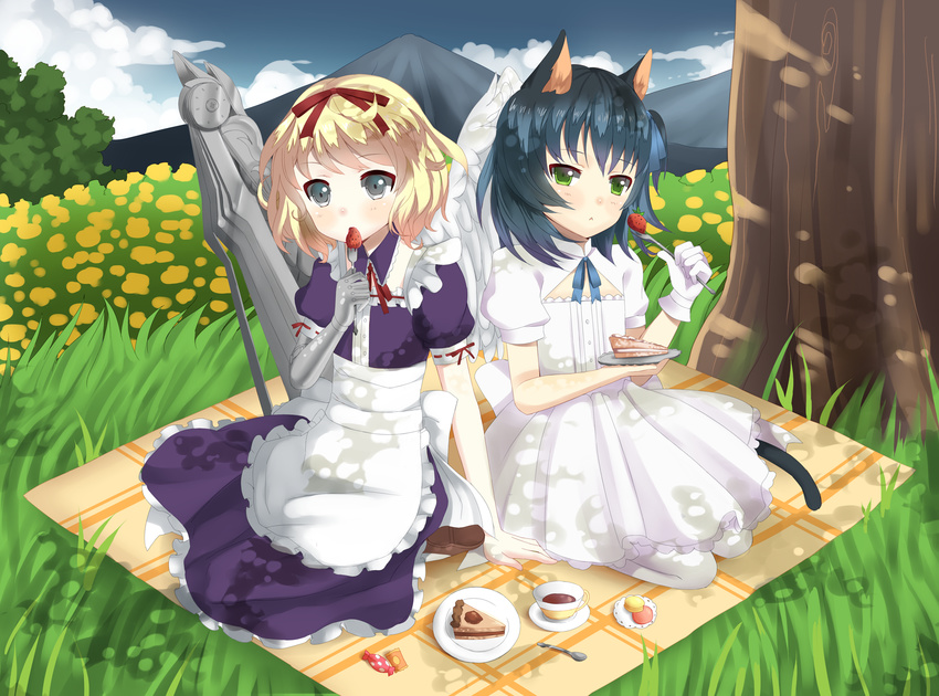 1boy angel angel_wings animal_ears apron asymmetrical_wings blonde_hair blue_hair borrowed_character cake cake_slice candy cassie_(acerailgun) cat_ears cat_tail cloud commentary crossover cup cyborg day dress eating feathered_wings female field flat_chest flower flower_field food fork fruit gloves grass green_eyes grey_eyes hair_ribbon highres kiki_(tsunya) macaron maid_apron mechanical_arms mechanical_wings mountain original otoko_no_ko outdoors pantyhose picnic plate ribbon ryoune_yami seiza single_glove single_mechanical_arm sitting sky spoon strawberry tail tea teacup tree white_gloves wings