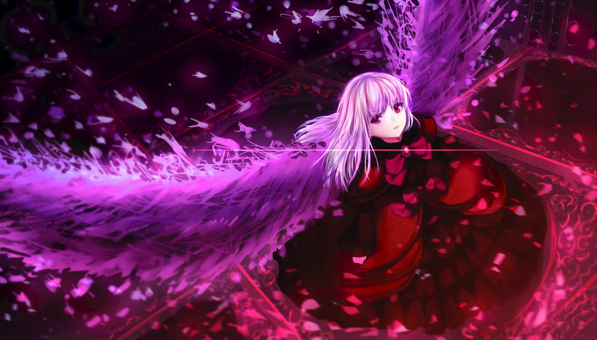 bow commentary_request dress female gothic_lolita highres k-project kushina_anna lolita_fashion long_hair looking_at_viewer parted_lips pekakiu petals red_bow red_dress red_eyes solo standing white_hair wings