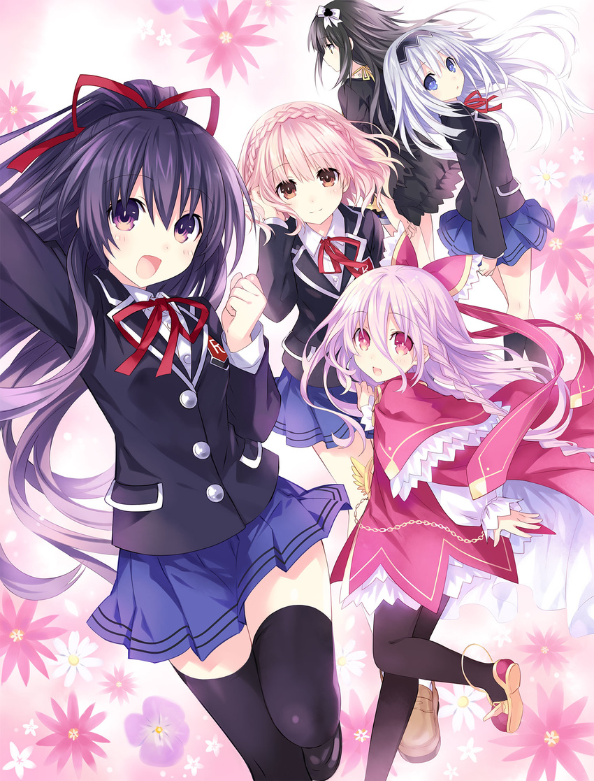 5girls :d arm_up arusu_maria arusu_marina black_dress black_hair black_legwear blazer blue_eyes blush bow braid brown_eyes clenched_hand date_a_live date_a_live:_arusu_install date_a_live:_rinne_utopia date_a_live:_twin_edition_rio_reincarnation dress dress_shirt floral_background flower hair_ribbon hairbow highres jacket light_purple_hair long_hair long_sleeves multiple_girls neck_ribbon official_art open_mouth pantyhose pink_hair pleated_skirt ponytail purple_eyes purple_hair raizen_high_school_uniform red_eyes ribbon school_uniform shirt shoes short_hair skirt smile sonogami_rinne sonogami_rio thighhighs tsunako very_long_hair white_hair wing_collar yatogami_tooka yellow_eyes zettai_ryouiki