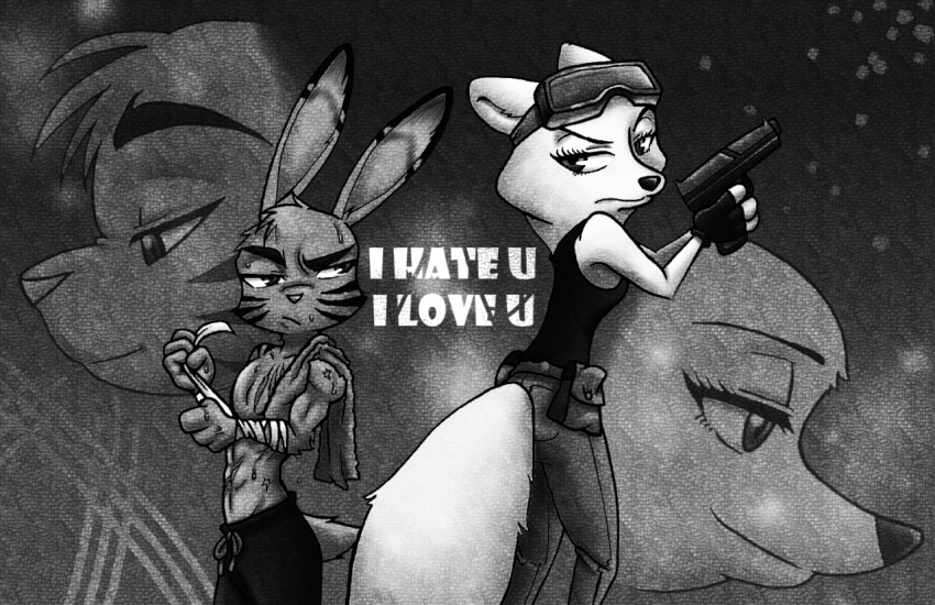 abs biceps bodily_fluids canid canine clothed clothing cynthia_walker disney duo english_text female fox greyscale gun handgun jack_savage lagomorph leporid male mammal monochrome muscular muscular_male peanut.k pistol rabbit ranged_weapon scar shirt sweat tank_top text topless topwear towel weapon zootopia