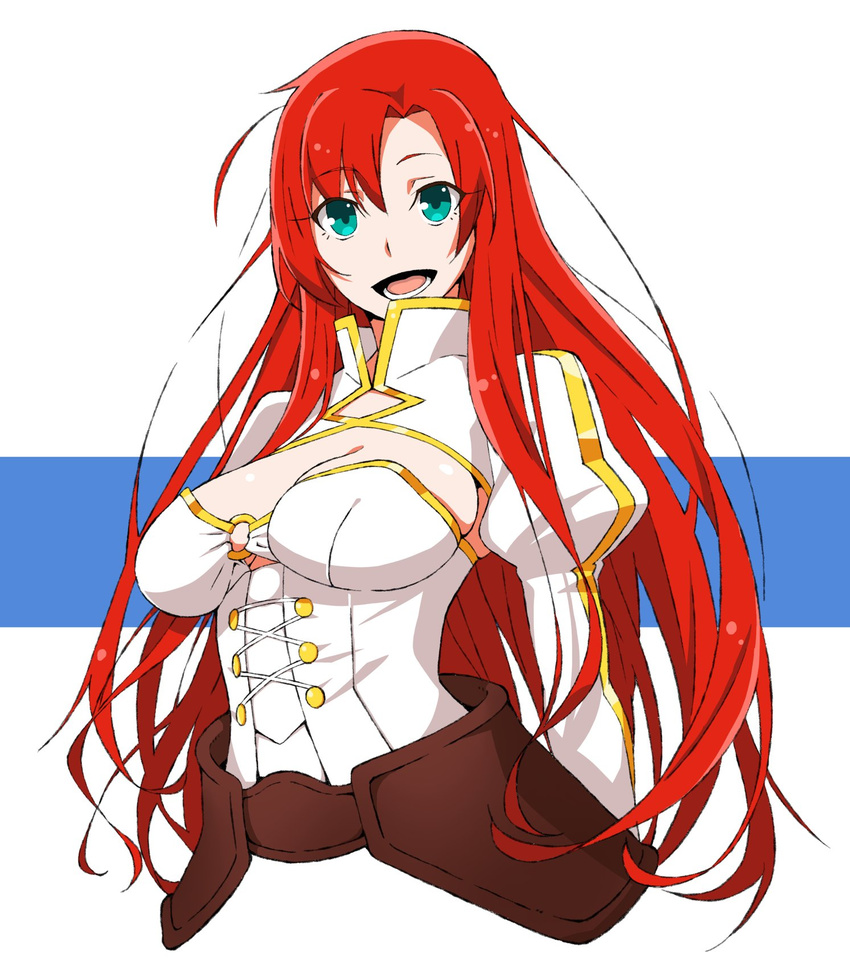 akitetsu armor bad_id bad_twitter_id boudica_(fate) boudica_(third_ascension)_(fate) breasts cleavage cleavage_cutout clothing_cutout corset fate/grand_order fate_(series) faulds female green_eyes highres juliet_sleeves large_breasts long_hair long_sleeves looking_at_viewer o-ring o-ring_top open_mouth puffy_sleeves red_hair shrug_(clothing) smile solo