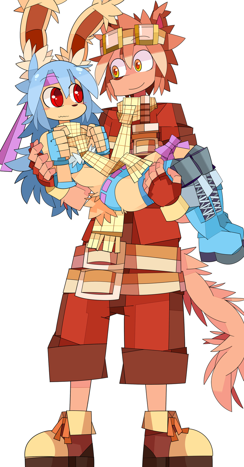 1boy artist_request blue_hair brown_eyes brown_hair canine carrying female furry imouchi_sutan long_hair princess_carry rabbit red_eyes