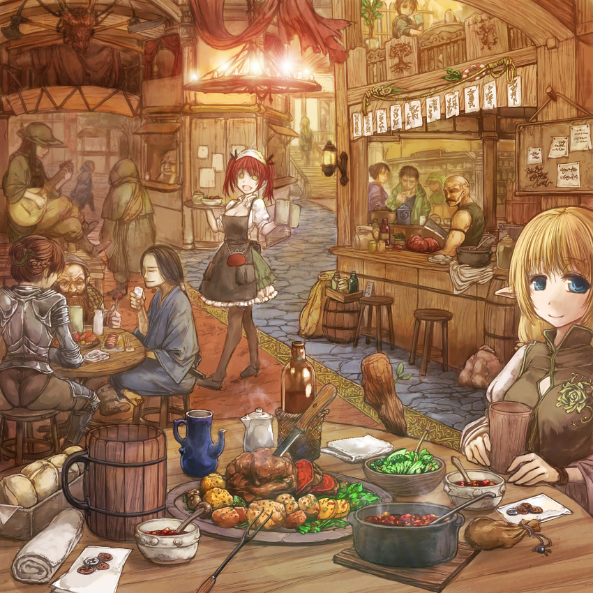 4boys 5girls :d apron armor ass bald barrel beard black_hair blonde_hair blue_eyes bottle bowl braid bread breasts brown_hair bulletin_board cervus chandelier chopsticks cleavage cleaver coin commentary counter crossed_legs cup elf facial_hair fantasy food fork french_braid frilled_skirt frills greaves hair_bun hat highres holding holding_cup holding_tray hood indoors instrument japanese_clothes kimono knife ladle loaded_interior long_hair long_sleeves looking_at_viewer lute_(instrument) maid_headdress meal meat money moustache mug multiple_boys multiple_girls music napkin open_mouth original pantyhose pitcher_(container) playing_instrument pointy_ears ponytail pot potato pouch puffy_pants puffy_short_sleeves puffy_sleeves red_hair robe scenery short_sleeves single_hair_bun sitting skirt smile soup staff steam stool table tankard tavern tray twintails vegetable vest waitress walking wristband yellow_eyes